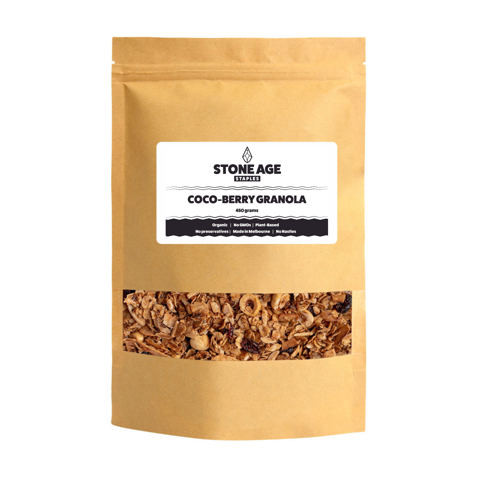 Product shot of Stone Age Staples Coco-Berry Granola on a white background