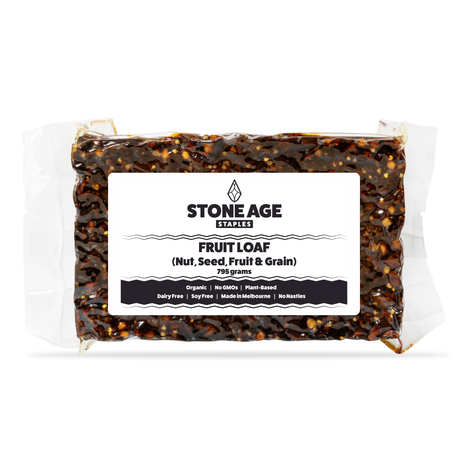 Product shot of Stone Age Staples Fruit Loaf on white background