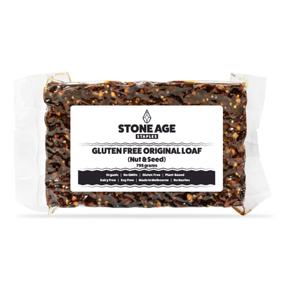 Product shot of a loaf of Stone Age Staples Gluten Free Original Loaf on a white background
