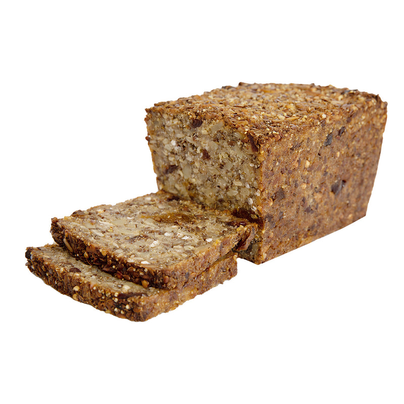 Product shoot of Stone Age Staples Gluten Free Fruit Loaf on white backgroound