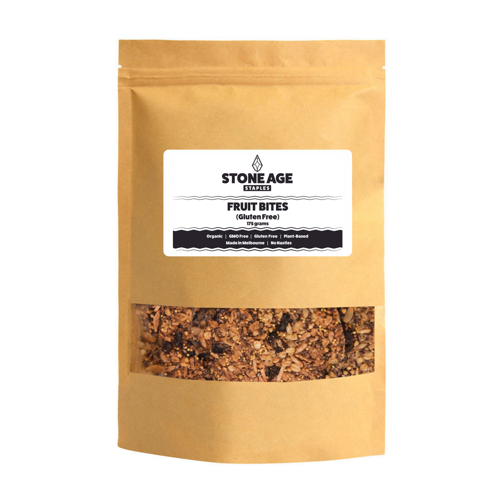 Product shot of a packet of Stone Age Staples Fruit Bites on a white background