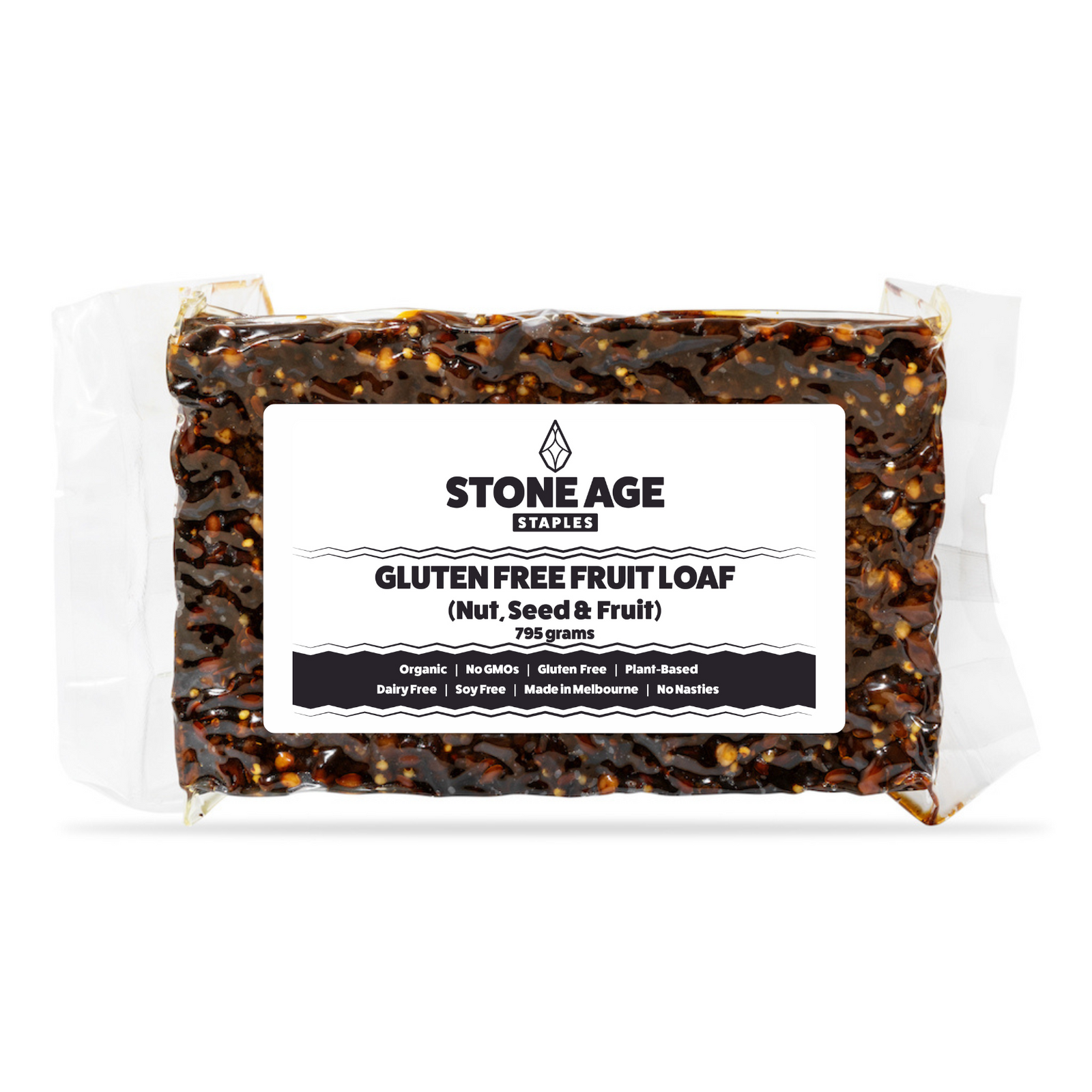 Product shoot of Stone Age Staples Gluten Free Fruit Loaf on white backgroound