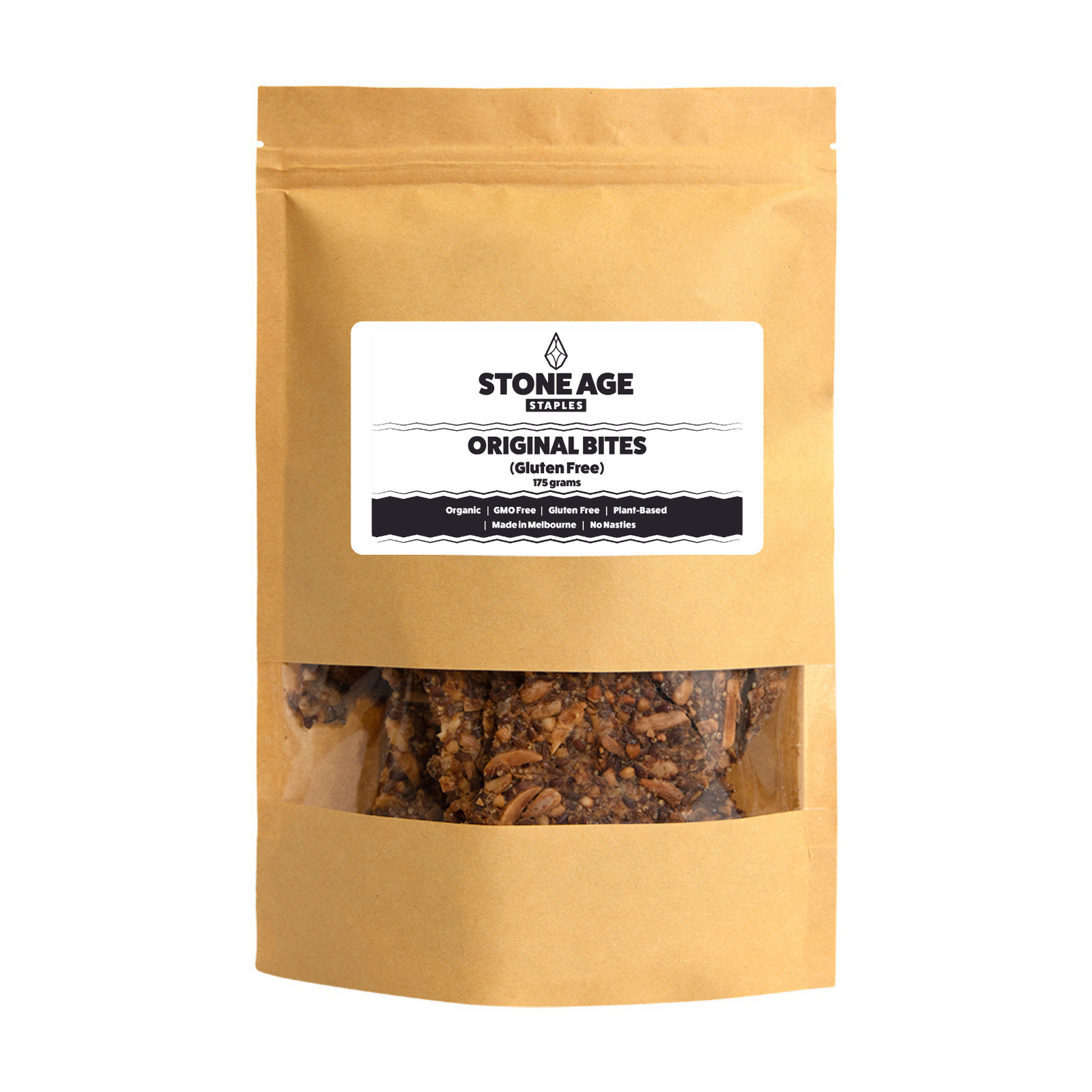 Product shot of a packet of Stone Age Staples Original Bites on a white background