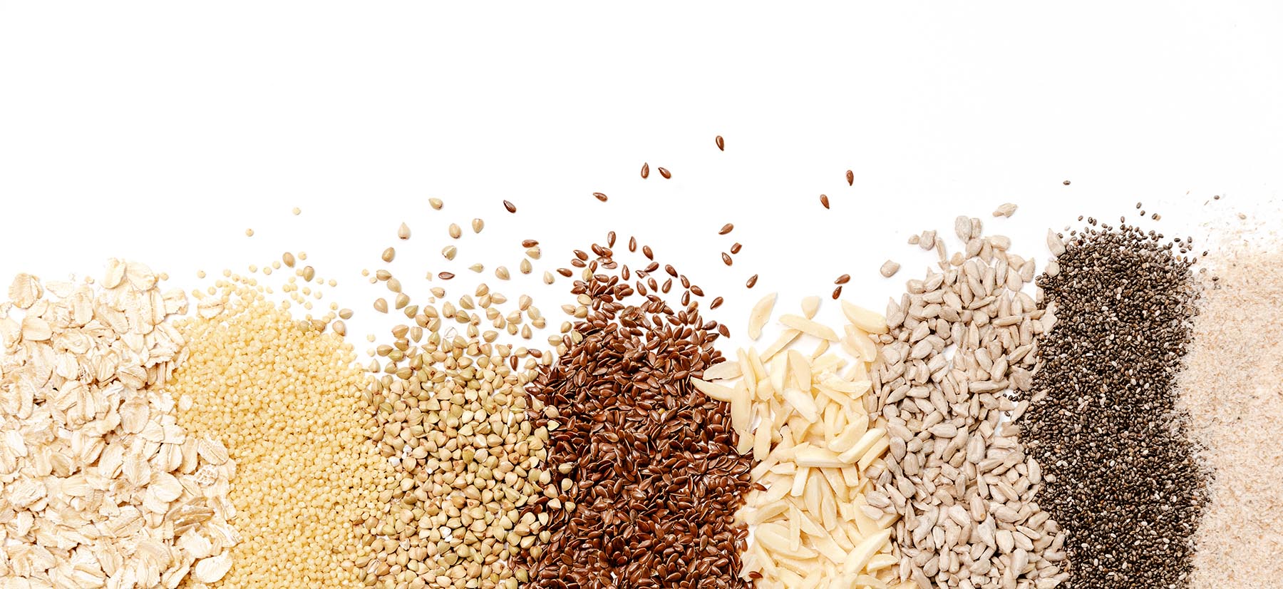 Oats, millet, buckwheat, flaxseed, sliced almonds, sunflower seeds, chia seeds & psyllium husk spread in columns next to each other on a white background.